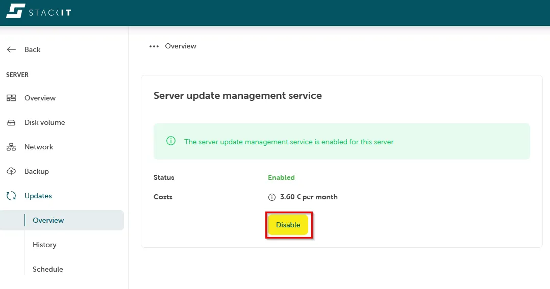 A screenshot showing navigating to server, then updates, then overview and clicking disable