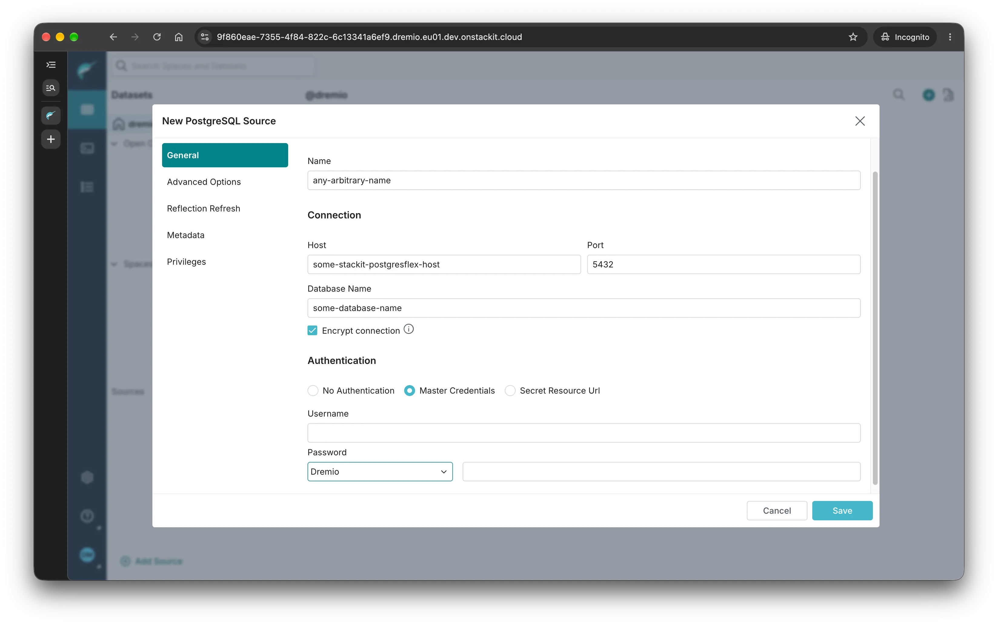 Screenshot of the General Postgres Dremio source options