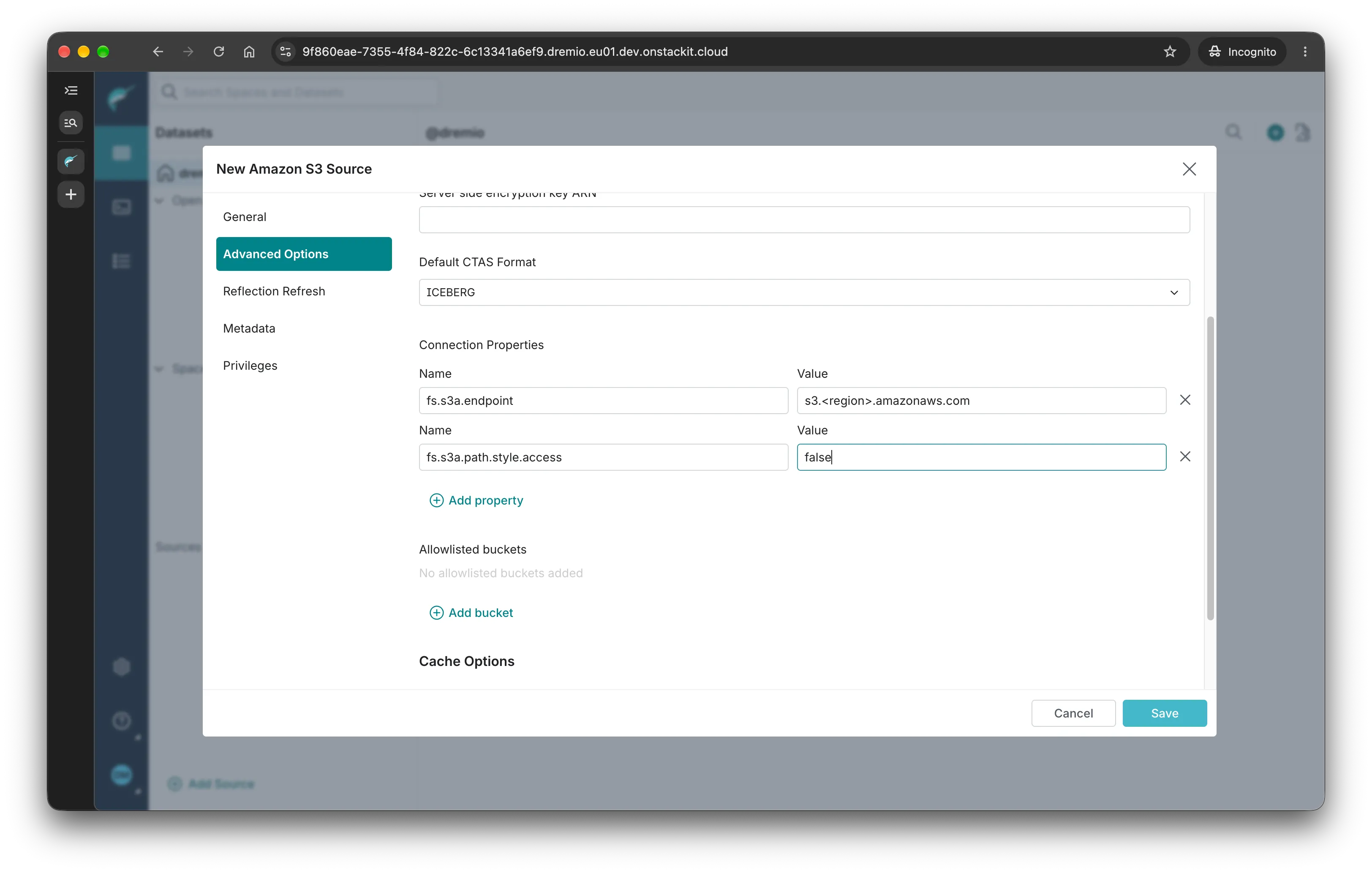 Screenshot of the Advanced Options S3 Dremio source options