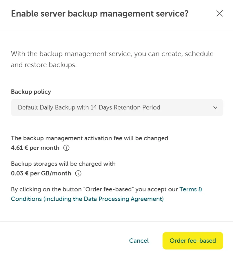Ein Screenshot, der die Aktivierung des Server Backup Management Service zeigt