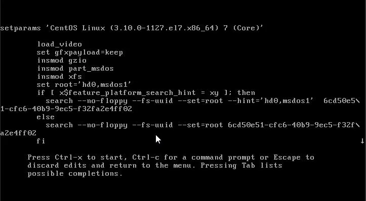 GRUB bootloader menu showing CentOS Linux kernel selection with boot parameters including load_video, set gfxpayload=keep, insmod commands, and root device configuration. The entry displays kernel version 3.10.0-1127.el7.x86_64 with platform search hints and root device UUID options.