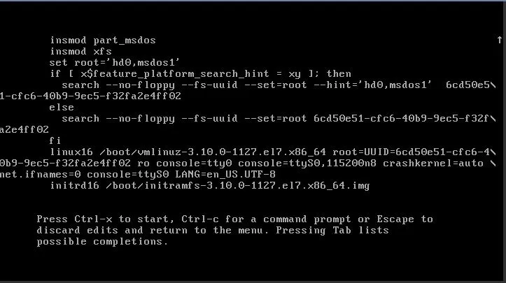 GRUB bootloader configuration showing detailed boot commands for CentOS 7 with kernel 3.10.0-1127.el7.x86_64. The screen displays insmod commands for partition and filesystem modules, root device settings, linux16 boot command with root UUID, console settings, crash kernel parameters, and initrd16 initramfs loading command.