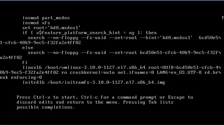 GRUB bootloader boot sequence showing kernel loading process for CentOS 7 with vmlinuz-3.10.0-1127.el7.x86_64. The screen displays insmod commands, linux16 boot command with root UUID 6cd50e51-cfc6-40b9-9ec5-f32fa2e4ff02, crash kernel configuration, network interface settings, and initrd16 initramfs-3.10.0-1127.el7.x86_64.img loading.
