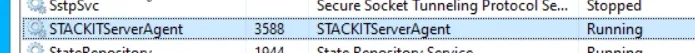 Windows Services list highlighting the 'STACKITServerAgent' service with a status of 'Running'.
