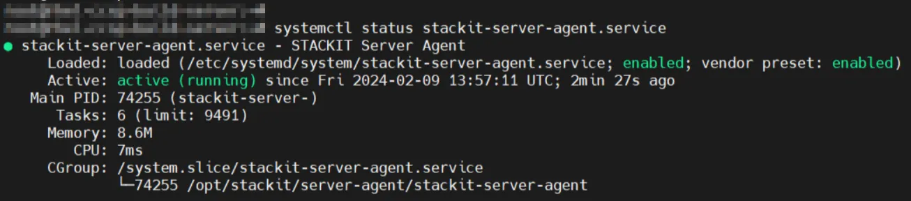 Linux terminal output showing the status of the 'stackit-server-agent.service' as 'active (running)' via systemctl.