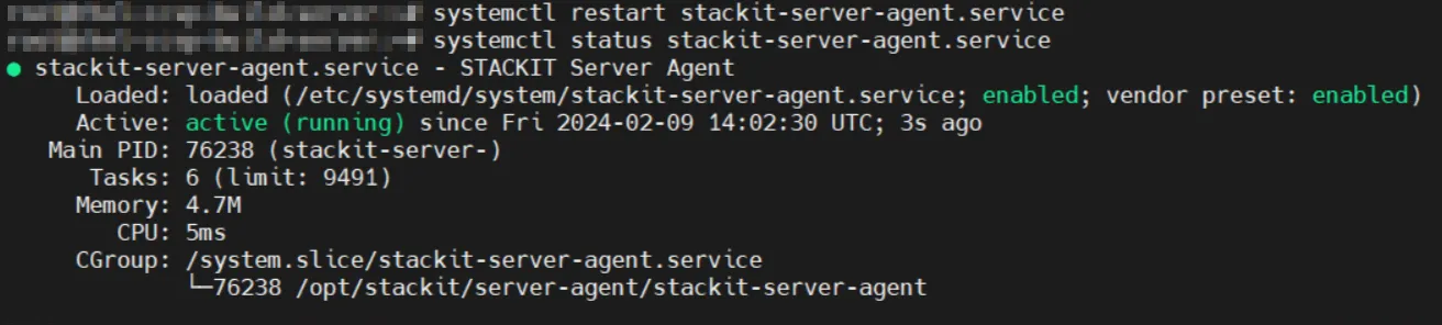 Linux terminal output confirming the successful restart of 'stackit-server-agent.service', which is now 'active (running)'.