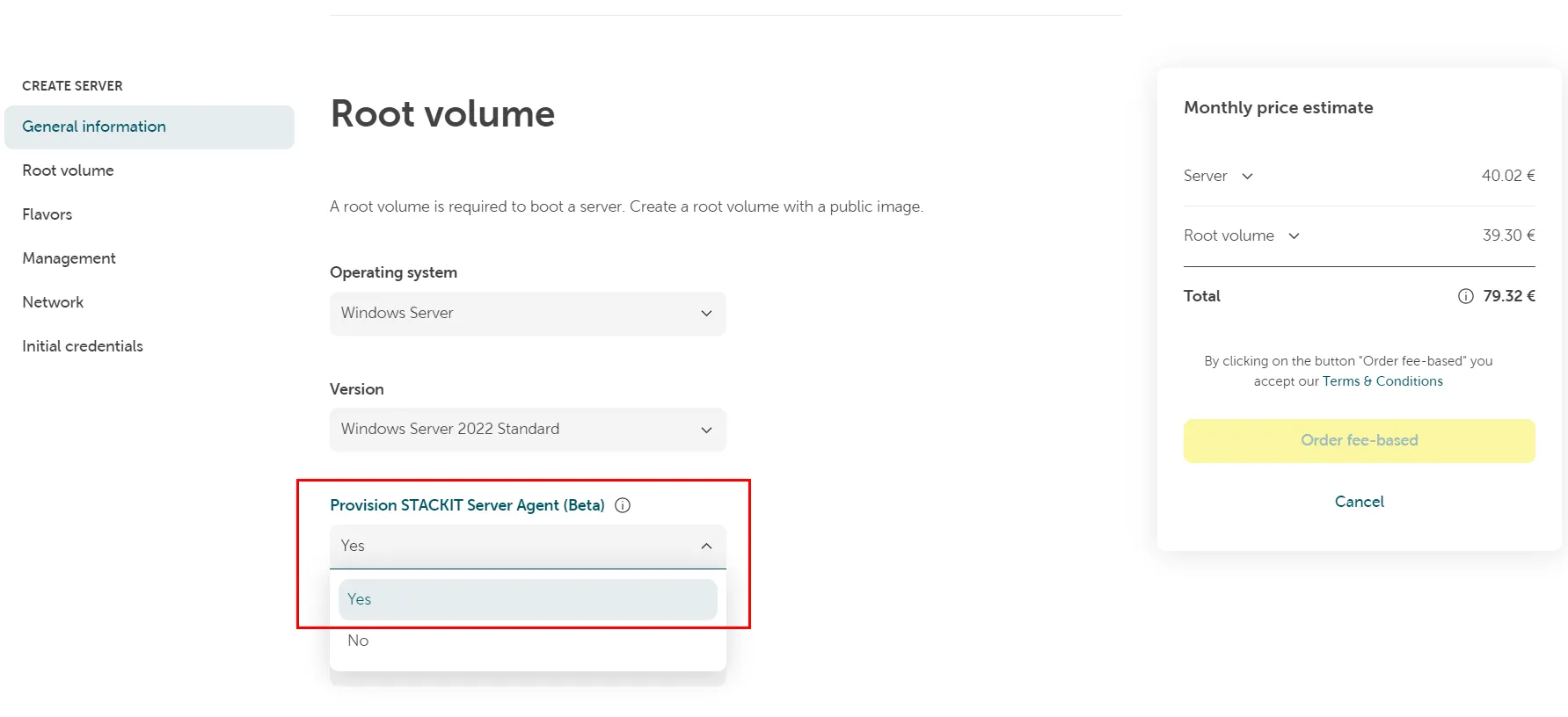 Servererstellungsformular mit Dropdown-Menü zur Auswahl der STACKIT Server Agent-Bereitstellung.