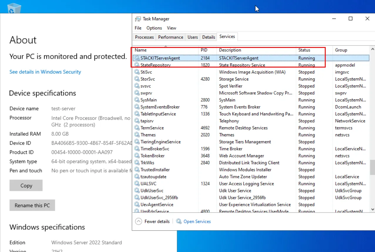 Windows Server 2022 mit Task-Manager-Diensten, der STACKITServerAgent mit Status „Wird ausgeführt" bestätigt.