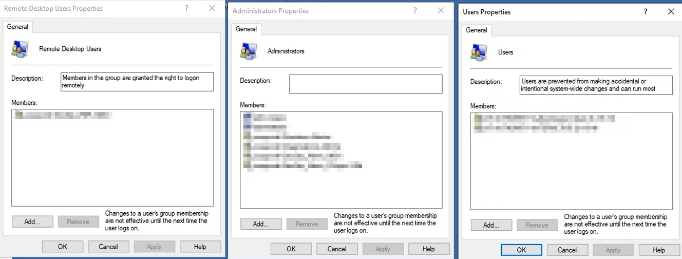 Side-by-side view of the properties dialog boxes for the Windows groups 'Remote Desktop Users', 'Administrators', and 'Users', showing their respective descriptions and member lists.