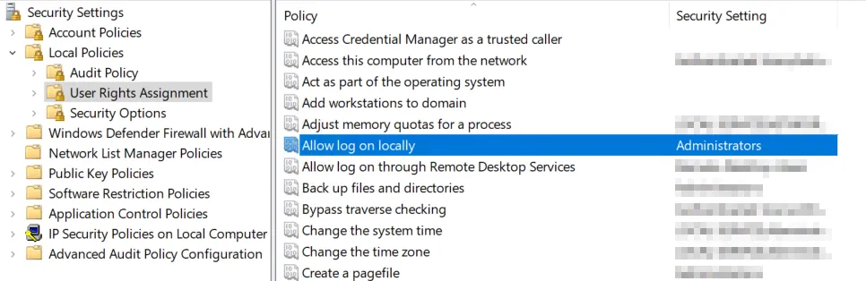 Local Security Policy Editor showing 'User Rights Assignment', with the 'Allow log on locally' policy highlighted and set for Administrators.