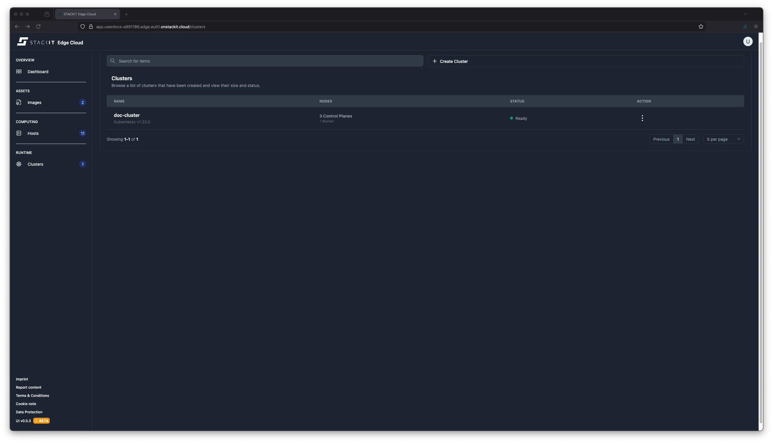 STACKIT Edge Cloud Dashboard: Clusters List (Single Multi-node Cluster). A screenshot of the STACKIT Edge Cloud web interface's Clusters overview page. A single cluster named doc-cluster is listed. It has 2 Control Plane and 1 Worker node. The cluster's Kubernetes version is v1.30.0, and its Status is Ready (indicated by a green dot). The search bar is empty, showing one result out of one.
