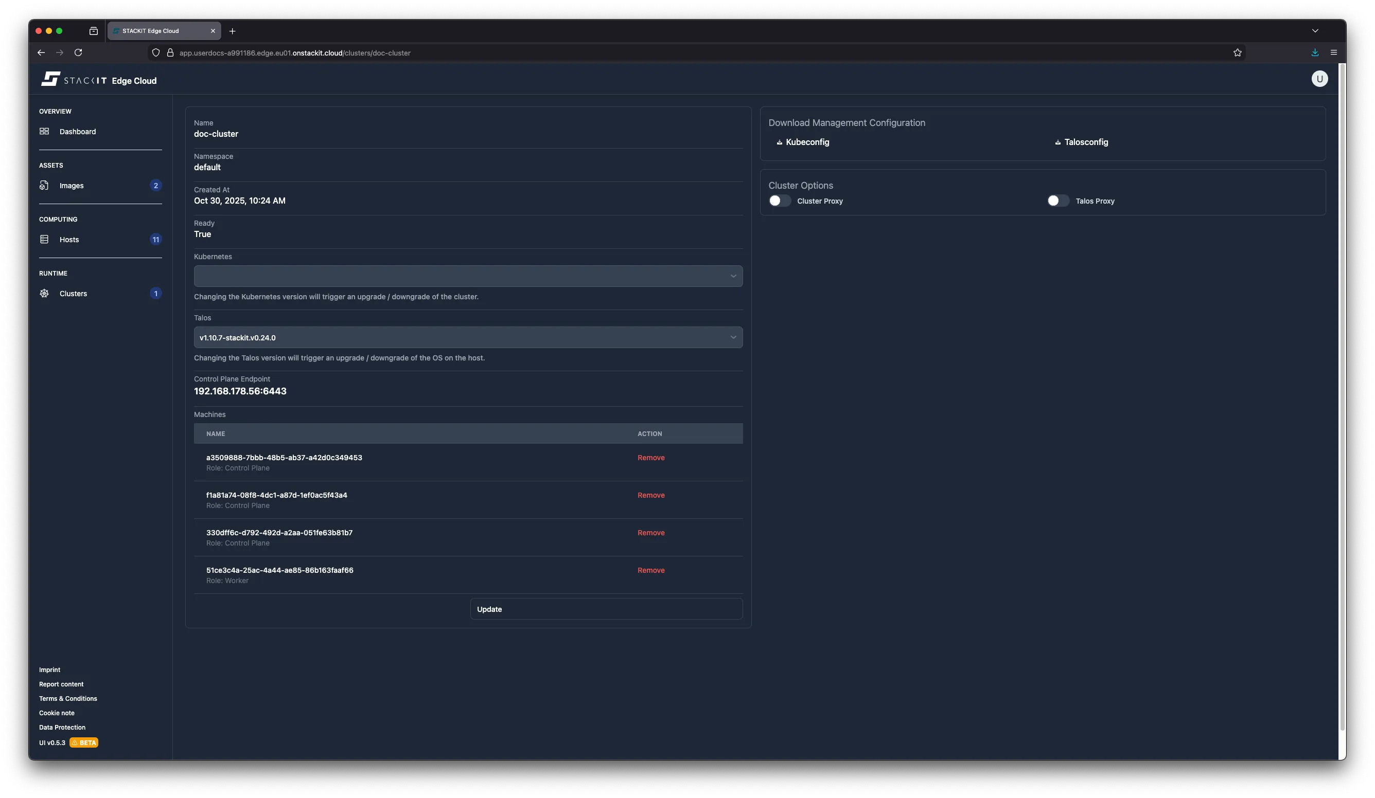 STACKIT Edge Cloud Dashboard: Cluster Details (Multiple Control Planes). A screenshot of the STACKIT Edge Cloud web interface, showing the details page for a cluster named doc-cluster. The cluster is in the Ready state, running Kubernetes v1.33.0 and Talos v1.9.7-stackit.v0.24.0. The Control Plane Endpoint is 192.168.178.56:6443. Under Machines, three Control Plane nodes and one Worker node are listed, indicating a highly available Control Plane setup. The Cluster Proxy and Talos Proxy toggles are both disabled.