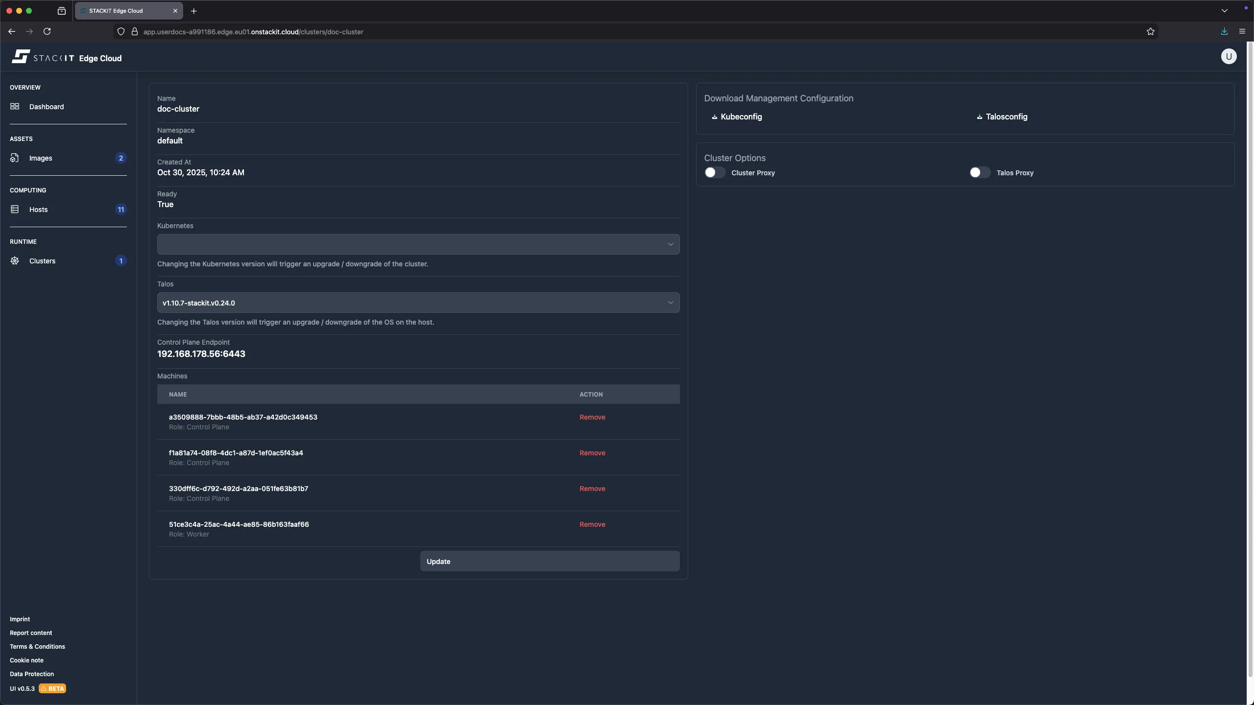 STACKIT Edge Cloud Dashboard: Cluster Details (Update Pending). A screenshot of the STACKIT Edge Cloud cluster details page for doc-cluster. The cluster is in a Ready state, but the Kubernetes version dropdown is currently set to v1.33.0, and the Talos version is set to v1.10.2-stackit.v0.25.0. The visible Update button suggests a configuration change has been made (like the Kubernetes or Talos version) and is pending application. The machine list shows three Control Plane and one Worker node.