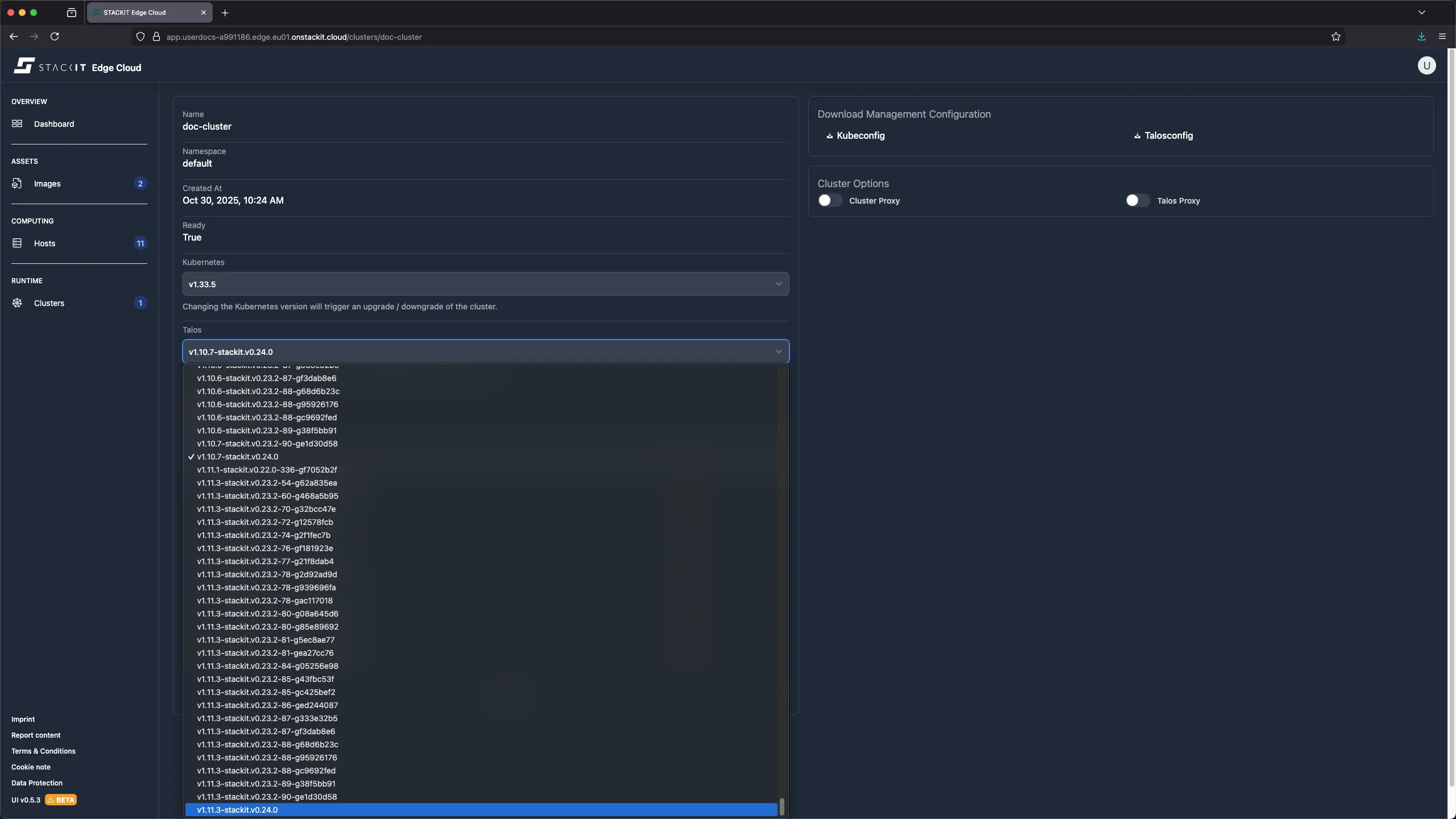 STACKIT Edge Cloud Dashboard: Cluster Update - Talos Version Selection. A screenshot of the STACKIT Edge Cloud cluster details page for doc-cluster, showing the extensive dropdown menu for selecting the Talos version (OS/host OS). A long list of available v1.10 versions is visible, with v1.10.2-stackit.v0.25.0 highlighted at the bottom of the visible list. This illustrates the multitude of Talos OS versions available for selection and potential upgrade/downgrade.