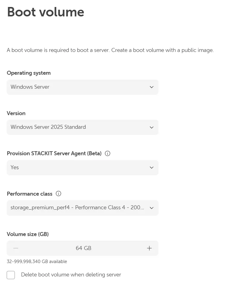 Boot volume configuration showing Windows Server 2025 Standard selected, Performance class, and Volume size set to 64 GB.