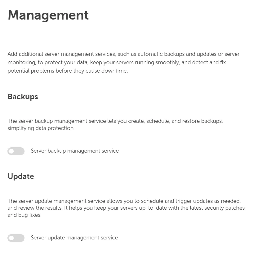 Server Management section with disabled toggles for the Backup and Update management services.