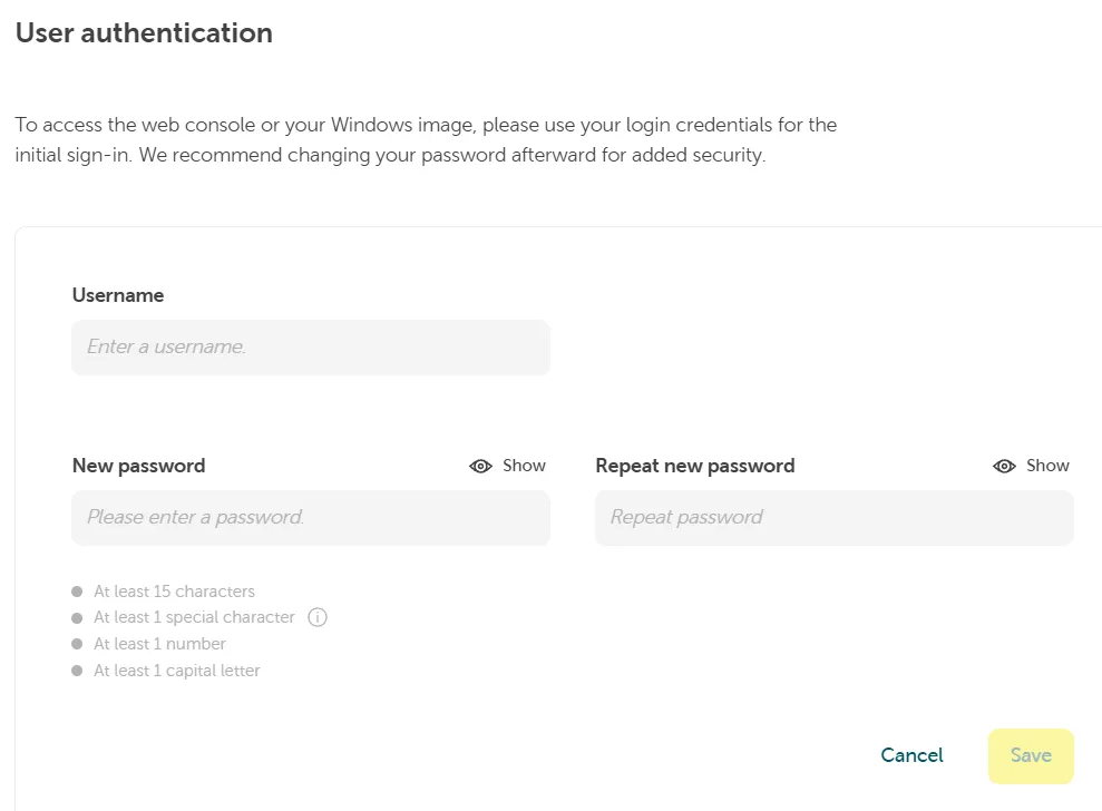 User authentication creation form showing input fields for Username and New password, along with password requirements.