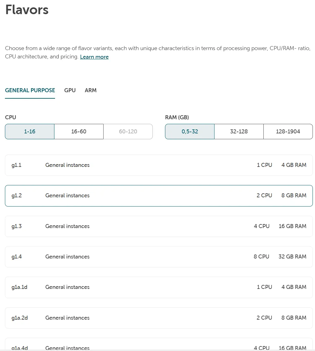 Server Flavor selection view showing General purpose options, filtered by CPU and RAM ranges, with flavor 'g1.2' selected.