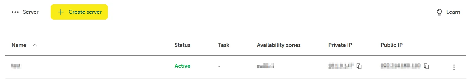 Server list view highlighting the 'Create server' button.