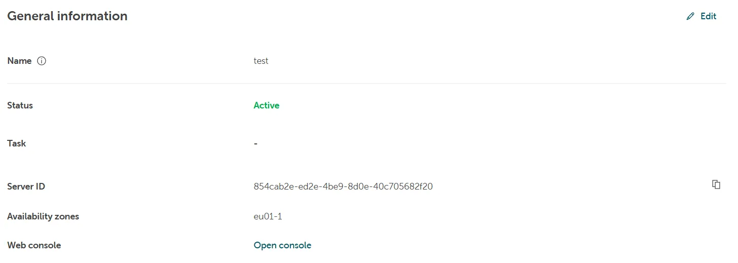 General information section for a server, showing Name, Status (Active), Server ID, and availability zones.