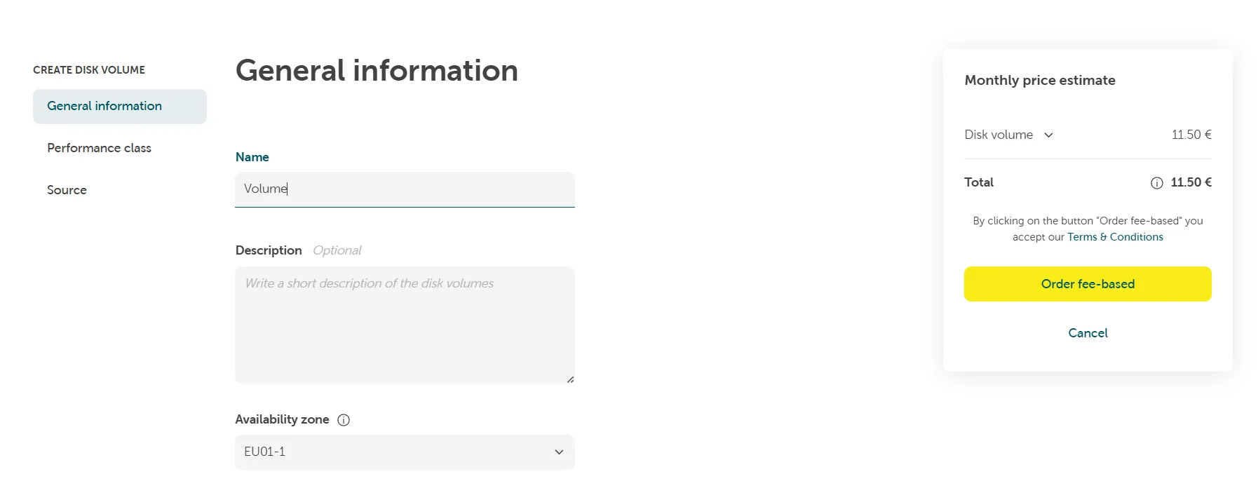 'Create Disk Volume' form for General information, showing input fields for Name and Description, and the price estimate with the 'Order fee-based' button.