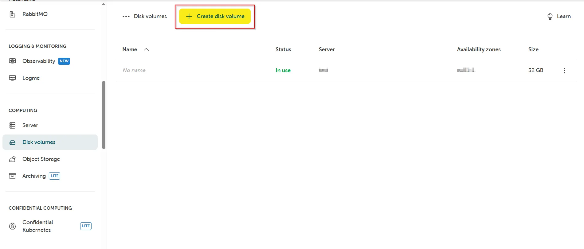 Disk Volumes management page in the console, highlighting the '+ Create disk volume' button and showing a list of existing volumes.