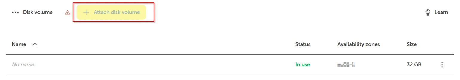 Disk Volume management view with an attached volume listed, highlighting the 'Attach disk volume' button.