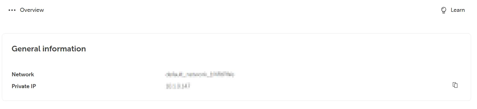 General information overview section displaying the Network name and Private IP address details.