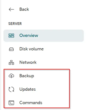Server navigation panel highlighting the 'Backup', 'Updates', and 'Commands' options.