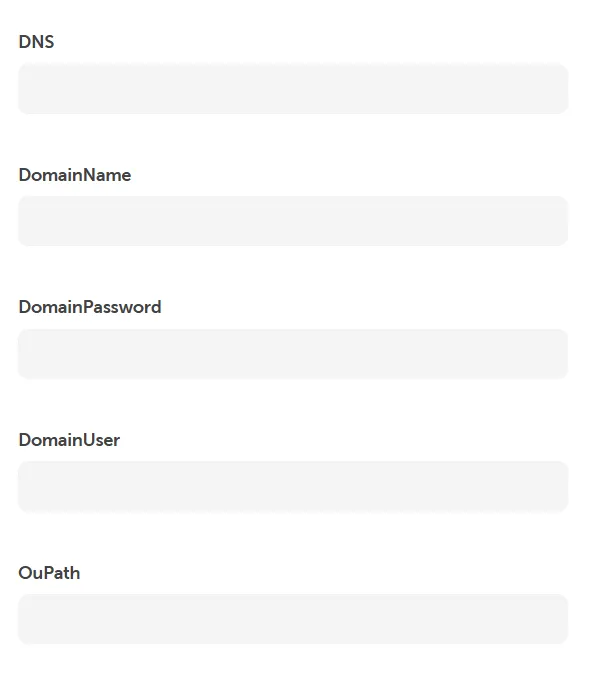 Command input form fields for domain join parameters: DNS, DomainName, DomainPassword, DomainUser, and OU-Path.