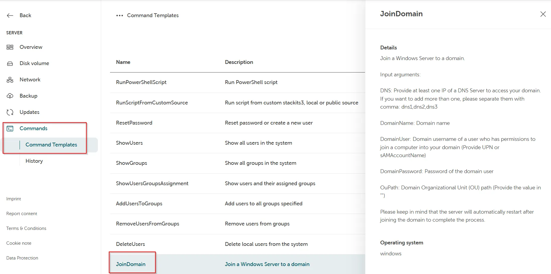 Server 'Command Templates' view, showing the list of available commands and the detailed description and input arguments for the selected 'JoinDomain' template.