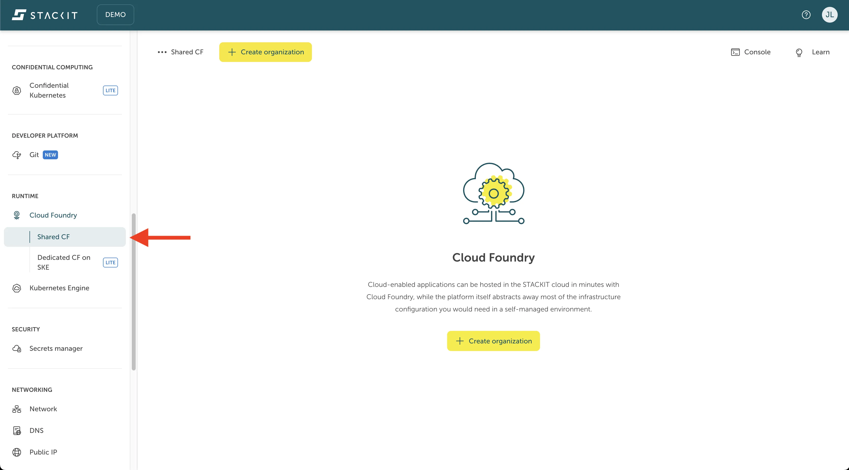 Selecting the Cloud Foundry tab in the navigation.