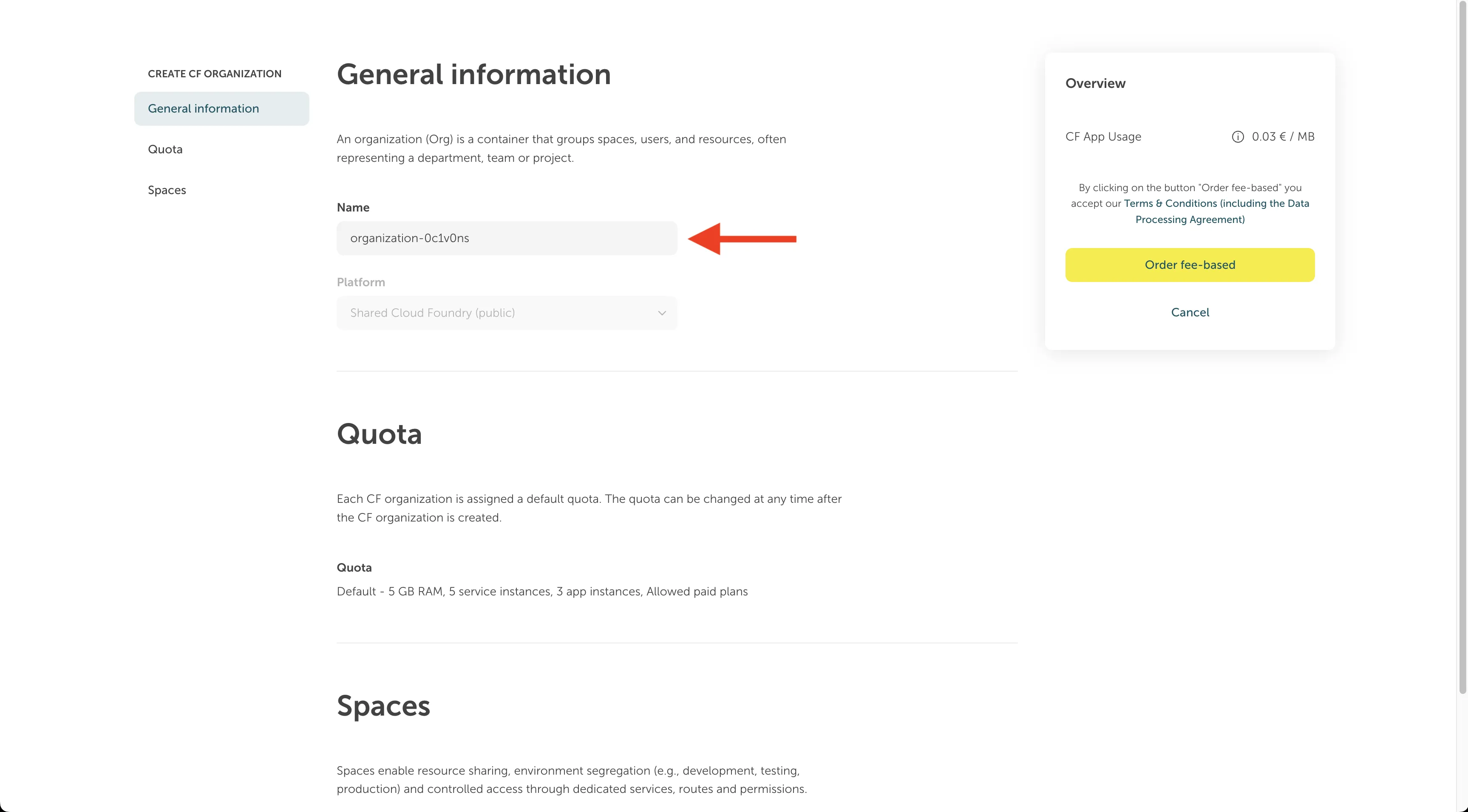 The field where you can name your organization in the org creation screen of the portal.