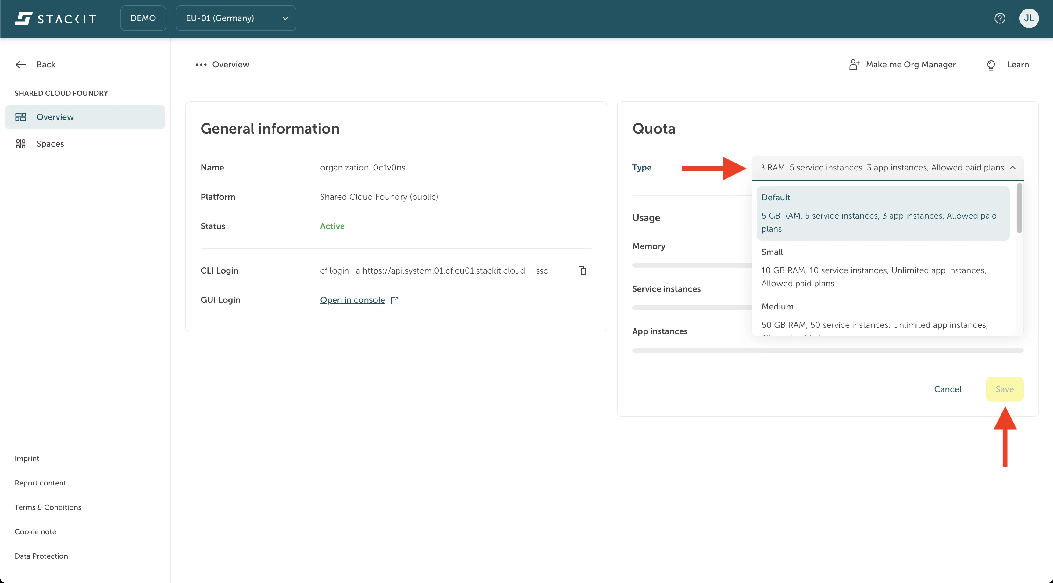 The org quota limit view in the org creation screen of the portal.
