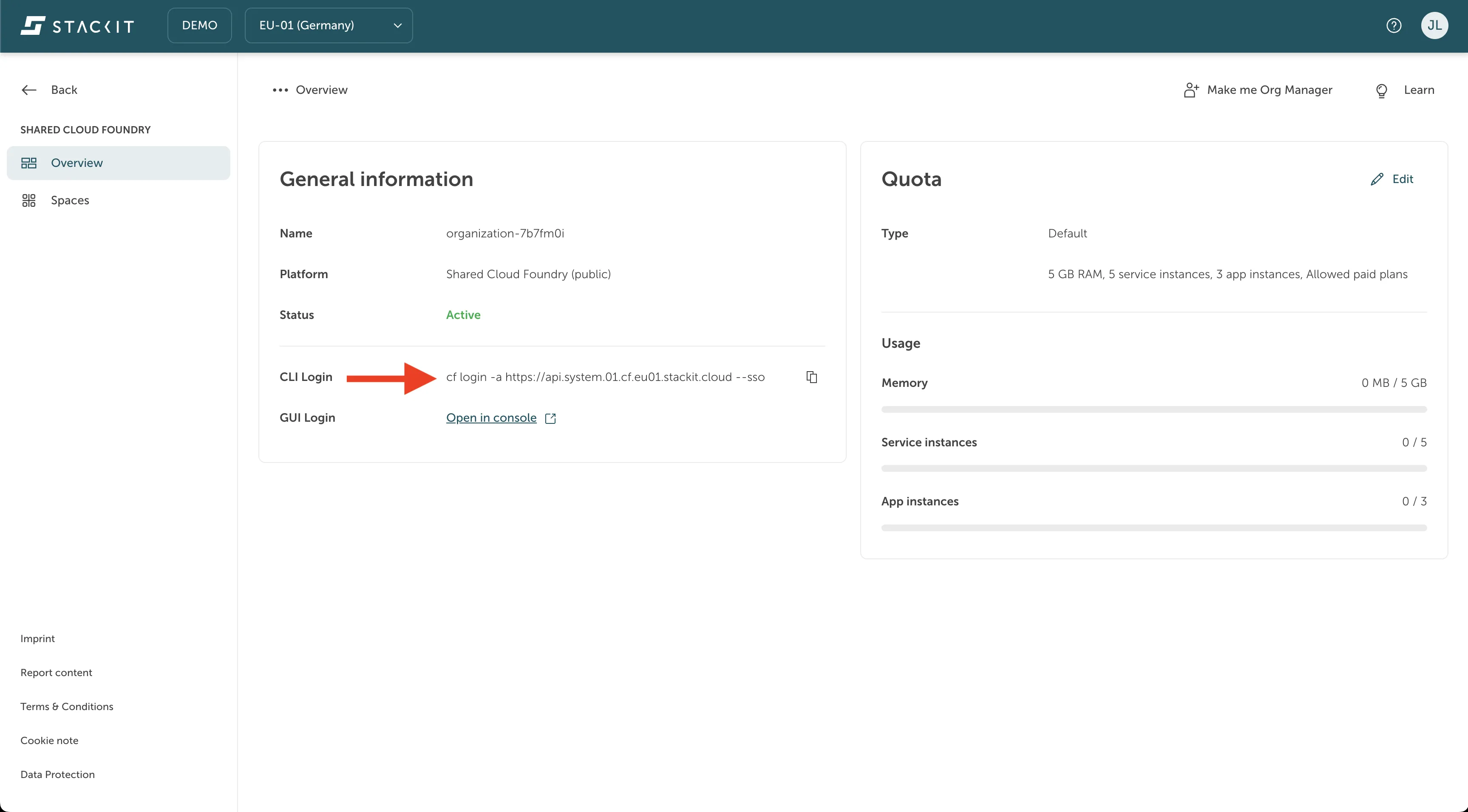Where you can find the cf login command with the api endpoint in the STACKIT Portal.