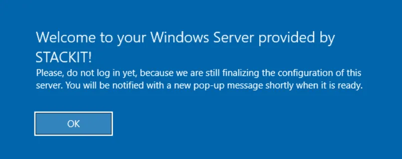 Windows Server welcome screen with a warning message: 'Please, do not log in yet, because we are still finalizing the configuration of this server.'