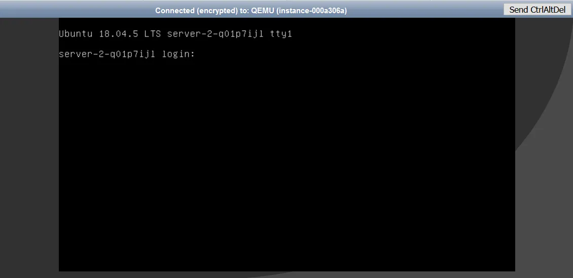A screenshot of a text-based terminal window for a Web console session. The terminal has a black background and white text, indicating a successful connection to a QEMU instance. The text at the top reads: "Connected (encrypted) to: QEMU (instance-000a306a)". The operating system is shown as "Ubuntu 18.04.5 LTS" and the command prompt displays "server-2-q01p7ljl login:", prompting the user to enter a username to log in to the server via the console. A button labeled "Send CtrlAltDel" is visible in the top-right corner.