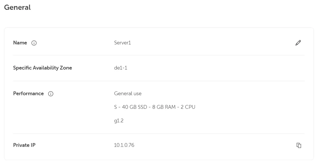 Abschnitt „Allgemein" im Server-Detailbildschirm mit Name, Availability Zone und IP.