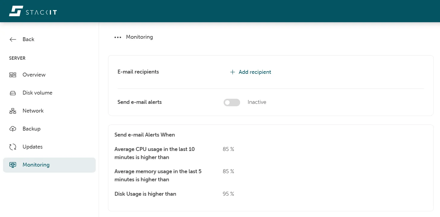 Server Monitoring configuration page, showing the inactive email alert toggle and the current alert thresholds for CPU, memory, and disk usage.