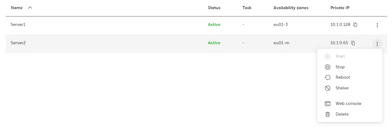Server list table showing two active servers. Server1 is located in availability zone ‘eu01-3’ with private IP ‘10.1.0.128’. Server2 is in ‘eu01-m’ with private IP ‘10.1.0.65’. Both servers display ‘Active’ status in green. A dropdown menu is open for Server2 with management options: Start, Stop, Reboot, Shelve, Web console, and Delete. Table columns include Name (with sort arrow), Status, Task (showing dashes), Availability zones, and Private IP (with copy icons).