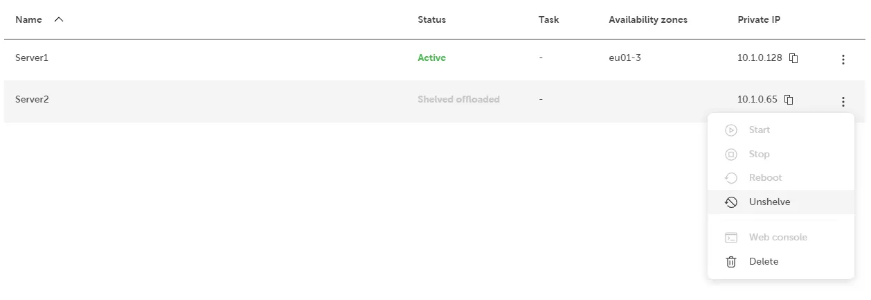 Server list table displaying two servers. Server1 shows ‘Active’ status in green, located in availability zone ‘eu01-3’ with private IP ‘10.1.0.128’ and a copy icon. Server2 shows ‘Shelved offloaded’ status in gray with private IP ‘10.1.0.65’. A dropdown menu is open for Server2 showing management options: Start, Stop, Reboot, Unshelve, Web console, and Delete. Column headers include Name (with sort arrow), Status, Task, Availability zones, and Private IP.