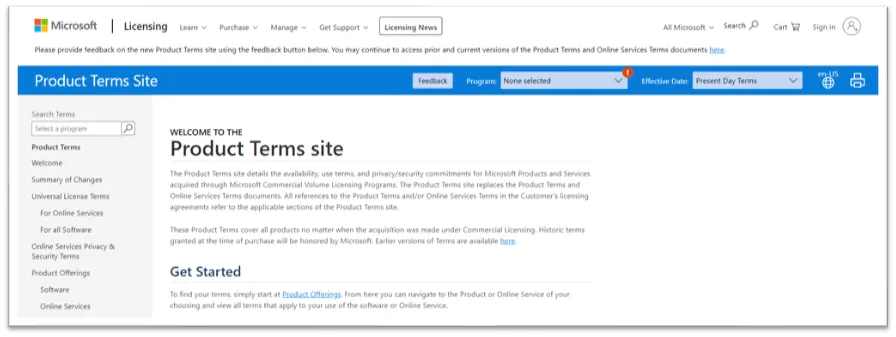 Microsoft Product Terms Site homepage showing the navigation panel and the welcome text.