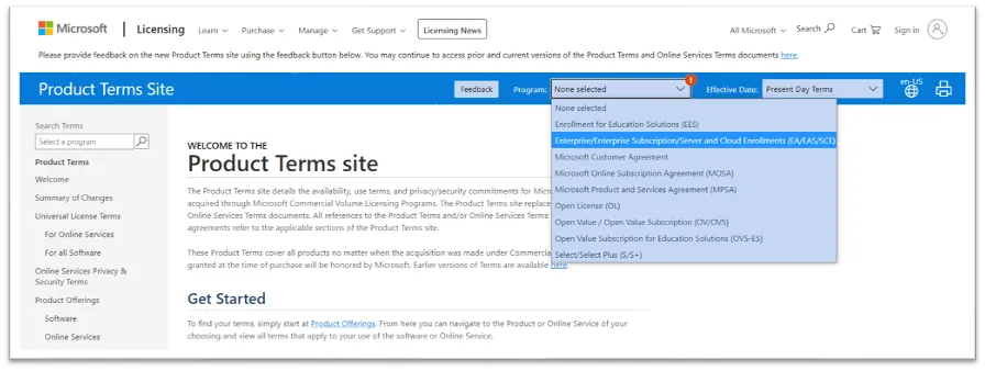 Microsoft Product Terms Site showing the open 'Program' dropdown menu with a list of licensing agreements.