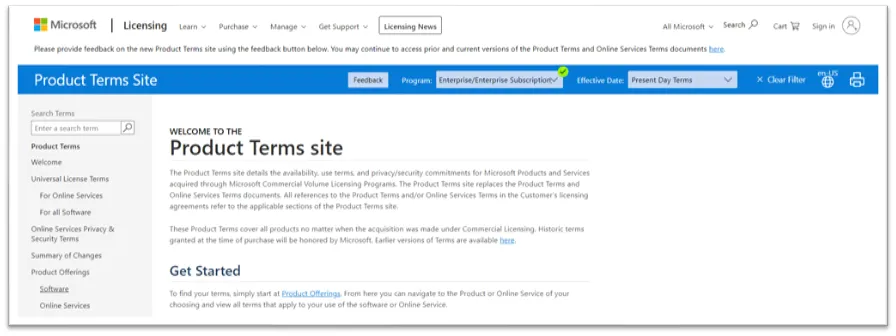 Microsoft Product Terms Site showing the 'Program' filter selected as 'Enterprise/Enterprise Subscription' and 'Effective Date' set to 'Present Day Terms'.