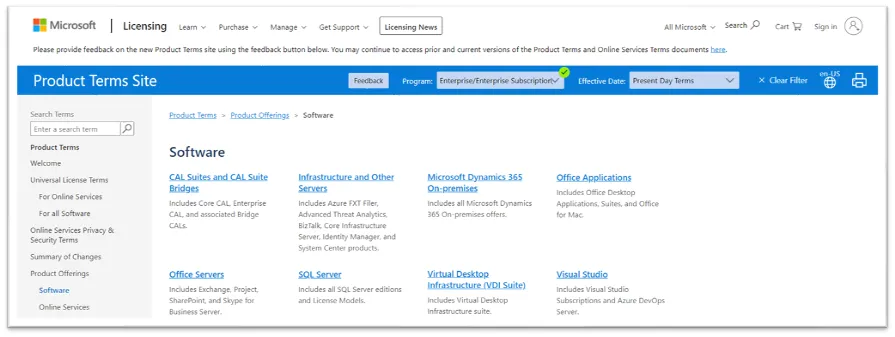Microsoft Product Terms Site showing the 'Software' category page with links to specific product sections like 'Office Applications' and 'SQL Server'.