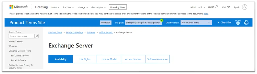 Microsoft Product Terms Site showing the 'Exchange Server' product page with tabs for Availability, Use Rights, License Model, and other details.