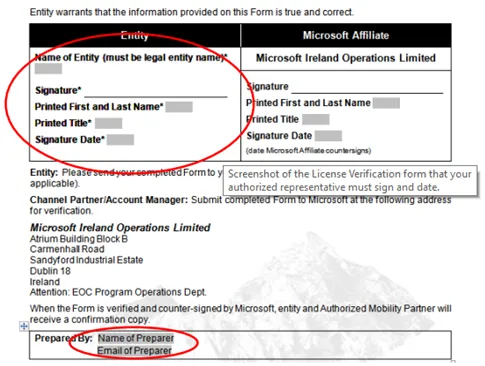 Final section of the License Verification form, showing required fields for Entity signature and the preparer's contact details.
