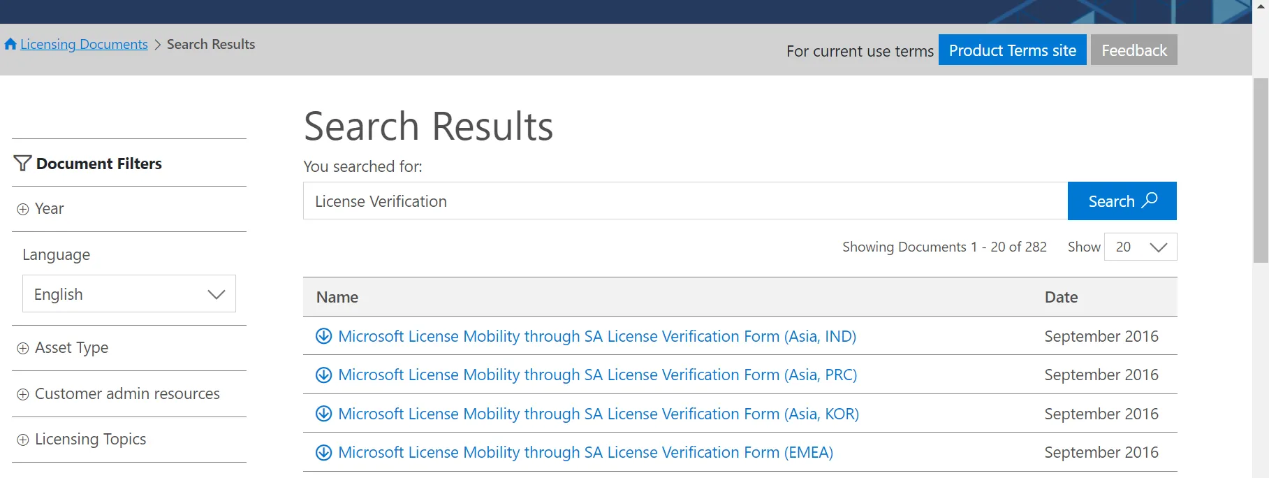 Licensing Documents Search Results page for 'License Verification', showing the list of License Mobility Verification Forms for various regions.