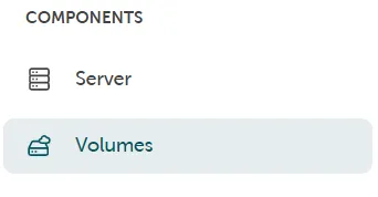 Navigationsausschnitt unter KOMPONENTEN, der die ausgewählte Option „Volumes“ unter „Server“ zeigt.