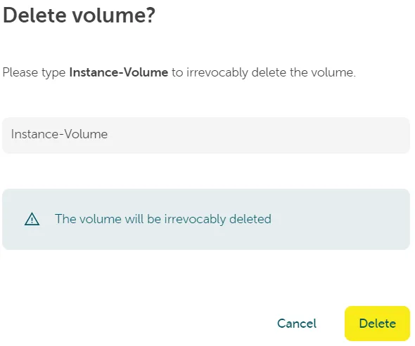 Confirmation dialog box to 'Delete volume', requiring the user to type 'Instance-Volume' to proceed with the irreversible deletion.